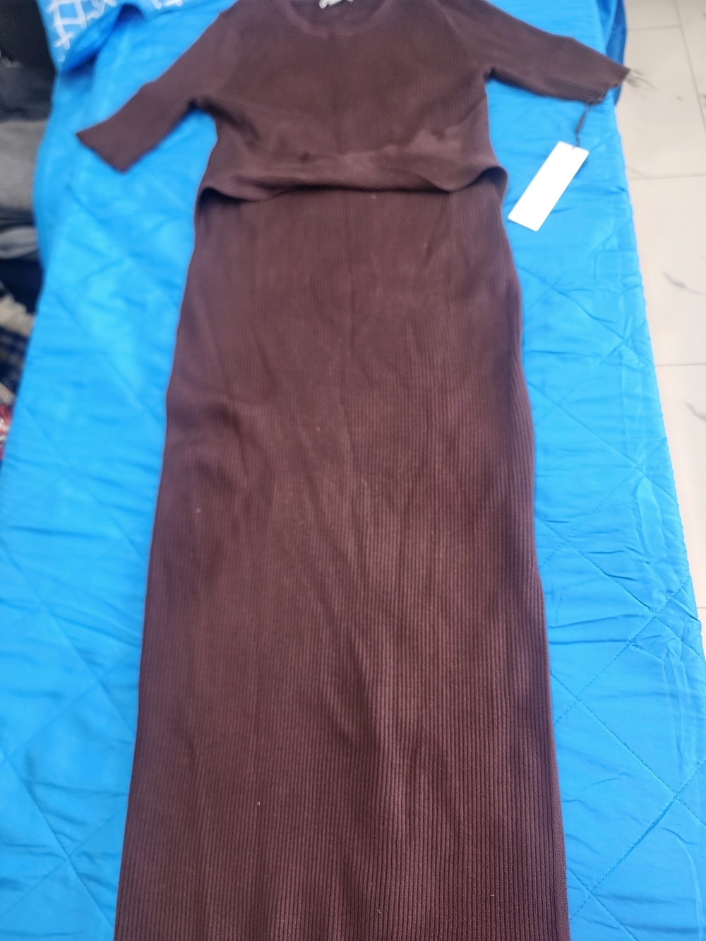 Calvin Klein Ribbed Knit Two-Piece Dress Set in Dark Brown